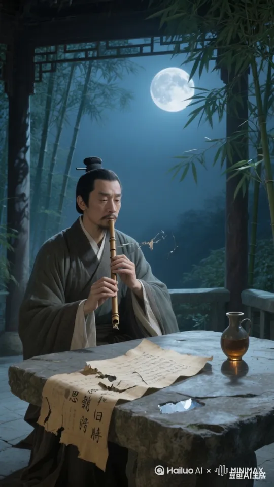 帮我生成图片：景别**：月夜中景
- **画面**：刘禹锡在竹林石亭独坐，手握残损的竹笛。月光透过竹叶在他脸上投下斑驳阴影，石桌上散落着《思旧赋》残卷，半壶浊酒映出冷月倒影。
- **提示词**：唐代文人夜吟场景 竹制乐器特写 古籍残卷质感 月光透过植物的光影效果 石制家具考证。比例 9:16。 by Hailuo AI Video Generator