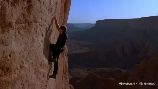 Tom Cruise as Ethan Hunt in Mission: Impossible, 侧身悬挂攀爬悬崖,黑色战术背心,腰间绳索,岩石纹理清晰,广角仰拍,镜头缓慢上推至攀岩动作特写,沙漠峡谷背景,黄昏光影,4K 电影质感,胶片颗粒,动态模糊增强真实感。 by Hailuo AI Video Generator