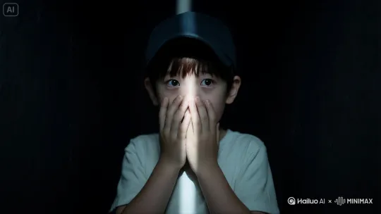 镜头推进拍摄亚洲男孩惊恐害怕的眼神盯着镜头，他捂着口鼻在喘着气。恐怖悬疑电影氛围 by Hailuo AI Video Generator
