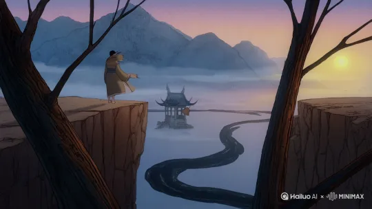 黄昏时分的陡峭山崖上，孤独的旅人逆光而立，衣袍在狂风中翻飞如挣扎的飞鸟。镜头从枯树枝桠间穿过，展现脚下蜿蜒的黑色河流吞噬着残阳碎金，湍急水流中不断闪现破碎的旧照片：童年木马、熄灭的灯笼、沉入水底的纸船。远处群山呈现水墨画般的青灰色，雾气中若隐若现的废弃古亭飞檐上，铜铃正在无声摆动。采用王家卫式抽帧效果与浮世绘渐变色调，4K超广角镜头下砂石不断从悬崖边缘剥落，慢动作坠入深渊的砂粒间偶尔浮现模糊人脸。最后镜头拉升为卫星俯瞰视角，整条河流化作正在解体的锁链，而山崖成了被钉在大地上的黑色十字架。 by Hailuo AI Video Generator