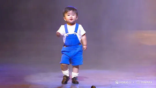 五岁小男孩，穿白色体恤，蓝色背带短裤，白色袜子，黑皮鞋。在舞台上唱着手心有你并且随着歌声跳起舞蹈来。 by Hailuo AI Video Generator