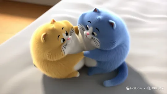 就生成一只蓝色的胖胖的可爱的猫咪，抱着一只黄色的可爱胖胖的猫咪在床上滚动，然后滚着滚着飞到天上 by Hailuo AI Video Generator