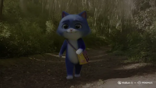 一只直一只蓝色小猫，背着书包走在森林的道路上道路上走着边走路边说话，她说:我是小猫，没有大猫送我上学，我自己上学 by Hailuo AI Video Generator
