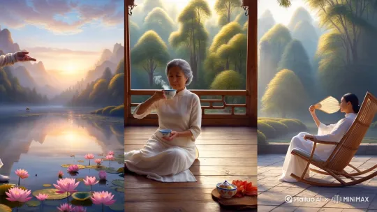 、请生成国人中壮年夏季核心养生诀3个Ai绘画场景图 by Hailuo AI Video Generator