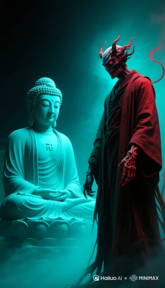 恶魔说：你看看自己的肮脏内心，就该下地狱。佛说：我不下地狱，谁下地狱。佛和魔鬼交换了心灵，魔鬼瞬间变得癫狂，佛收下了恶魔的心感化他。恶魔双手合十皈依佛门。 by Hailuo AI Video Generator