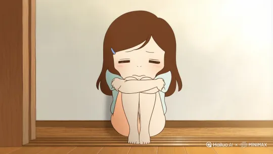 漫画女孩呆坐门槛，双手抱腿，眉宇凝固着思念，泪水疯狂奔涌后捂脸痛哭 by Hailuo AI Video Generator