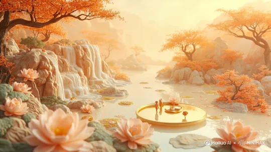 画面自然景色懂了起来，镜头围绕画面中间的圆盘上的人物推进，推进镜头。 by Hailuo AI Video Generator