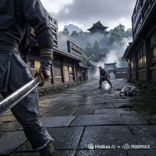 镜头环绕，双方武士拔出刀剑 刀剑碰撞 高速打斗 一脚将对手踢飞 镜头环绕 邵氏动作戏风格 by Hailuo AI Video Generator