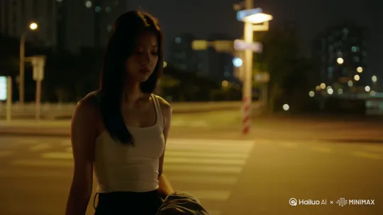 18岁韩国美少女明星，五官精致立体，皮肤白皙如雪，青涩中透着一丝随性。面容隐于阴影，眼神神秘，长发自然垂落，乌黑亮丽。上身穿着一件白色清凉、超薄背心，纹理简约，材质贴身；下身搭配黑色长裤，一手拿着衣物，一手伸向垃圾桶。
 
动作上，以跟镜头的方式，跟随她抬手扔物的动作，从起始姿态到手臂完全伸展，在5秒内流畅呈现。
 
环境为夜晚的城市街道，背景有高楼、路牌和远处的灯光。街边路灯为主要光源，光位侧后方，光比大，光质偏硬，光型勾勒出她的轮廓，光度适中，光色暖黄。整体氛围带着都市夜晚的静谧与闲适。采用中景镜头，开放式构图，将人物与城市夜景相融合，画面富有故事感。 by Hailuo AI Video Generator