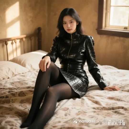 让她从床上站起来，然后去换了一件包裹全身的包臀裙，穿黑色连裤袜，然后坐在床上[推出,上升,下摇] by Hailuo AI Video Generator