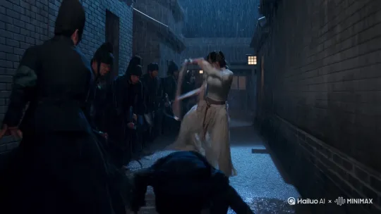 在暴雨倾盆的夜巷,一场激战正酣。镜头跟随侠女,18岁韩国美少女明星,五官精致立体,皮肤白皙如雪。只见她身姿矫健,甩出绸缎缠住屋檐,借势飞身而起,迅猛飞踢向敌人。绸缎所经之处,雨滴瞬间冻结,化作冰针如利箭般射向敌群。
敌阵中的黑衣人迅速挥刀格挡,冰针与刀刃碰撞,溅起湛蓝火花,在雨夜中格外醒目。
画面陡然切换至地面水洼倒影视角,侠女足尖轻点水面,轻盈跃起,水洼中涟漪荡漾,绽开金色莲纹。她在半空中反手掷出三枚铜钱,铜钱瞬间幻化为燃烧的朱雀,带着熊熊火焰俯冲而下。火焰羽翼扫过,砖墙瞬间熔化为赤红岩浆,炽热的光芒照亮了黑暗的夜巷。
最终镜头,侠女背对那爆炸烈焰,身姿挺拔,缓缓收剑入鞘。此时,岩浆逐渐冷却,变为黑色玄武岩。雨滴落在岩缝中,蒸腾起阵阵白雾。在朦胧的雾中,隐约浮现出古篆“道”字,为这场激烈的巷战增添了几分神秘与深邃,仿佛在诉说着侠义背后的深远哲理。 by Hailuo AI Video Generator