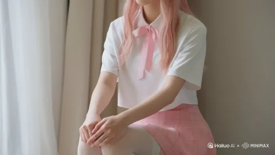 18岁韩国美少女明星，皮肤白皙，青涩懵懂。一头浅粉色秀发垂落，脸部未入镜头。上身着白色超薄短袖衬衫，领口处系淡粉色蝴蝶结，下身搭配清凉的浅粉色格子短裙，材质轻薄，纹理清晰。腿穿透肤白色长筒袜，双腿修长。
 
她双腿微曲，双手轻拎裙摆，缓缓起身。
 
室内，窗边自然光为主要光源，光位侧光，光比自然，光质柔和，光型自然，光度适中，光色暖白，氛围温馨甜美。
 
镜头从侧前方中景起幅，采用跟镜头，随她动作平移，为封闭式构图，聚焦人物主体，虽不见面容，仍尽显青春柔美。 by Hailuo AI Video Generator