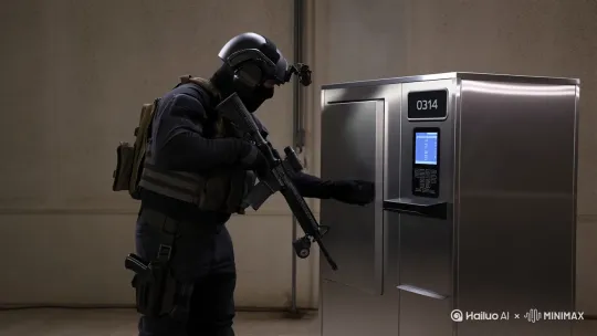 一个人穿着防弹衣,戴着03重型头盔,手拿HK416,背着背包,战在一个电子保险箱旁,打开了保险箱,从里面拿出了伞绵,然后把伞绳丢了,又从里面拿出电锯,又把电锯,又把电锯丢了,再从里面拿出隔音锦,又把隔音绵丢了,气的踢了保险箱一脚。 by Hailuo AI Video Generator
