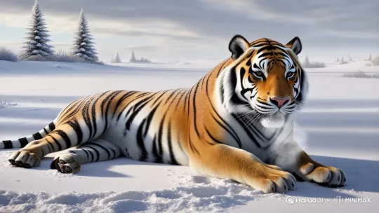 一只猛虎爬在雪地里，一副萌态可居的样子[变焦推进,晃动,跟随] by Hailuo AI Video Generator