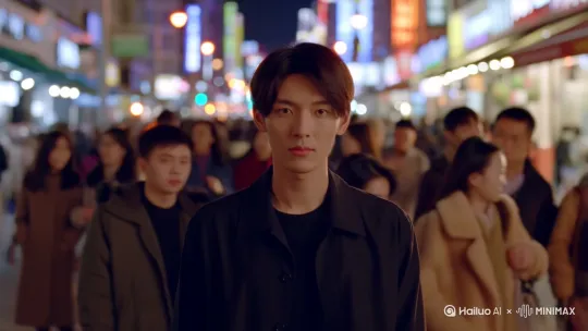 一个中国男性偶像站在夜景街头，四周人流不息，灯火辉煌，风吹起他的头发，眼睛注视着镜头，帅气的脸庞格外迷人。背景虚化 by Hailuo AI Video Generator