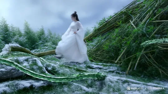 以俯冲跟拍的视角，我们看到一位身姿飘逸的白衣侠女，18岁韩国美少女明星，五官精致立体，皮肤白皙如雪，如履平地般踏在竹枝上疾行。她身形所过之处，竹叶仿佛受到神秘力量驱使，瞬间凝成翠绿剑阵，悬空微微震颤，散发着凛冽剑气。
 
就在此时，反派现身，猛地甩出玄铁链，如黑色蟒蛇般横扫而来。链节相互碰撞，爆出暗红色的煞气，仿佛要吞噬一切。白衣侠女反应极快，一个翻身跃起，在空中迅速画符。只见符文化作一条金色游龙，张牙舞爪地缠住铁链，龙鳞与暗红色的煞气相噬，瞬间炸开漫天星火，光影交错间，战斗愈发激烈。
 
画面陡然切换为慢镜头特写，侠女剑尖迅猛刺入地面。刹那间，以剑尖为中心，方圆十米内的积雪如被巨力牵引，逆冲上天，随后迅速凝结成无数冰棱，倒悬而下，宛如一座剑冢，散发着逼人的寒意。
 
反派见状，大喝一声，挥刀劈向冰棱。冰棱破碎，冰屑四溅，然而这些冰屑却在空中重新组合，形成一个八卦阵图，缓缓旋转。阵眼处突然射出一道耀眼白光，将反派瞬间定格在原地，整个画面充斥着奇幻与震撼的氛围，让人仿佛置身于一场惊心动魄的仙侠之战中。 by Hailuo AI Video Generator