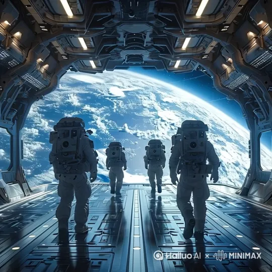 媲美星际穿越的太空科幻巨作：太空舱内的灯光闪烁，身穿太空服的宇航员向前漫步，随后飘浮飞向外面的太空。远处的星球转动，太空的一角能看到流星划过。
[拉远,上升,下摇] by Hailuo AI Video Generator