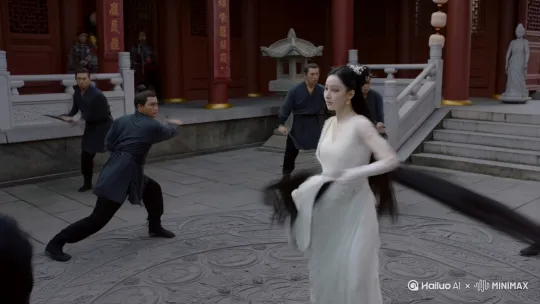 一个年轻美丽的女道士，黑色头发，皮肤白皙，仙风道骨，以自己的头发作为拂尘，在与其他人战斗，武艺高强，以一敌十 by Hailuo AI Video Generator