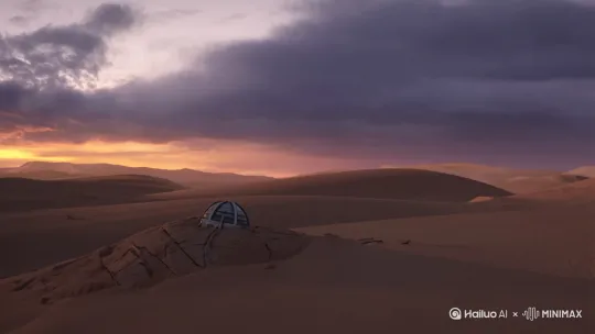 荒漠，夕阳下一架飞船破土而出，冉冉升起，飞船底部喷射出火焰[上升,变焦推进,跟随] by Hailuo AI Video Generator
