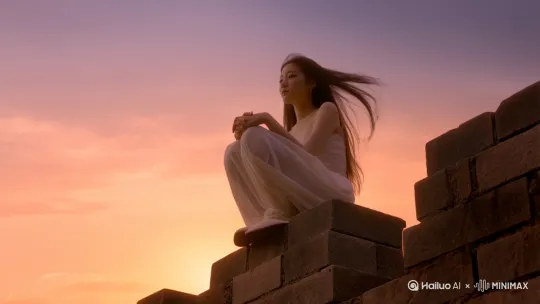 夕阳下，阿轲坐在塔顶，微风轻轻抚过发丝，镜头在右下拍向正面 by Hailuo AI Video Generator