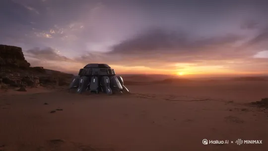 荒漠，夕阳下一架飞船伴随背景音乐响起破土而出，冉冉升起，飞船底部喷射出火焰，发出阵阵轰鸣声，[上升,变焦推进,跟随] by Hailuo AI Video Generator
