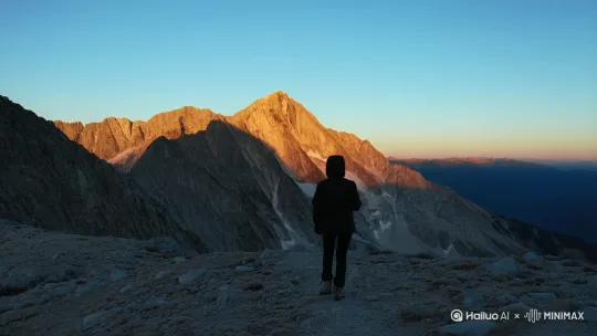 一个人站在山上看对面的日照金山 by Hailuo AI Video Generator