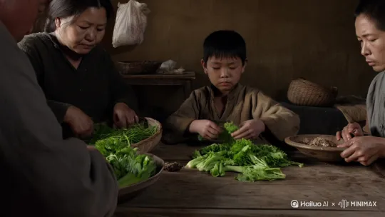 曾国藩年少时家里很穷，家里把自家种的菜，菜根割下自己吃，剩下的拿去卖。 by Hailuo AI Video Generator