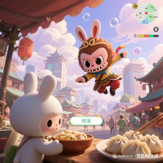 点击按钮“降落”，空中的孙悟空降落，拿一只饺子，与白色卡通人物互动，镜头推进，孙悟空变出一堆金币，欢快氛围 by Hailuo AI Video Generator