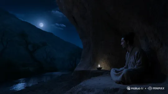 “古风写实，深山月夜龙场洞穴场景，镜头先远观洞穴嵌于墨色山峦，冷月清辉铺地；推进洞内，昏黄油灯照映静坐的王阳明（粗布长袍、沉静面容），穿插洞外溪流月影、山风树影特写。随时间推移，捕捉他从凝思到顿悟的神情变化，用骤风、穿云月光呼应心学灵光。最后晨曦转场，他离洞向山林，配悠远钟磬，营造孤寂、思辨又具觉醒力量的悟道意境，突出‘绝境悟心，知行合一’内核 。 by Hailuo AI Video Generator