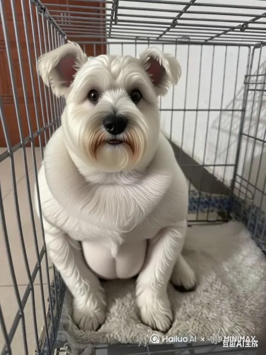 金属笼子里一只巨大的西高地白梗犬逐渐转变为穿着厨师服的野猪，灰色的地毯上摆放着牛排和餐具，野猪手持餐刀专注地切割牛排，固定镜头。 by Hailuo AI Video Generator