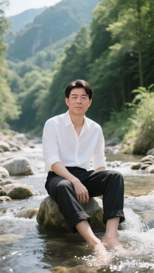 。将图片人物站起来，。手持一根钓鱼杆，正钓起一条大鱼，大鱼在水中翻滚。 by Hailuo AI Video Generator