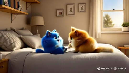 让一只蓝色的猫和金色的猫在床上打架然后说，周五周五起床起床起床上学上学上学然后飞起来 by Hailuo AI Video Generator