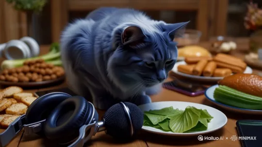 一个蓝猫在一个麦克风你面前吃青菜非常助眠而且呢，桌子上还要摆好多美食耳机手机之类的他可以坐在沙发上可以站着 by Hailuo AI Video Generator