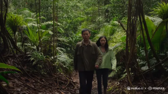 一个穿着土黄色冲锋衣的短发中国男人，一个穿着浅绿色冲锋衣的长卷发中国女人，穿行在亚马逊森林，对面森林里游走出一条森蚺，男人和女人惊恐万分[推出,上升,下摇] by Hailuo AI Video Generator