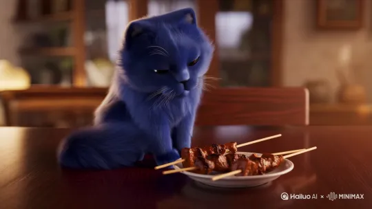 一蓝猫在桌子上吃烤串 by Hailuo AI Video Generator
