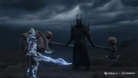 一个光明骑士与黑暗魔王展开战斗，光明骑士一手拿鱿鱼圣剑一手拿猪头盾牌，黑暗魔王双手拿着两个人头板斧，他们战斗 by Hailuo AI Video Generator