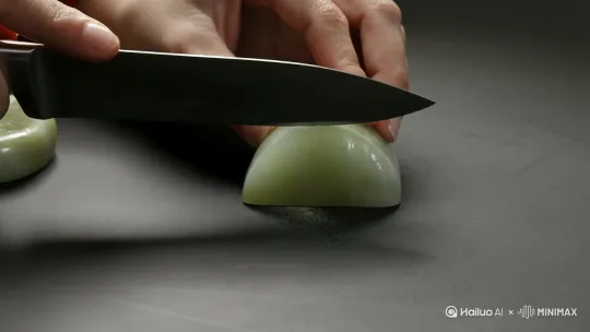 水果刀切割一块玉石 要求玉石被切割时的硬度不高 想巧克力一样的硬度 会掉屑，很酥脆 by Hailuo AI Video Generator