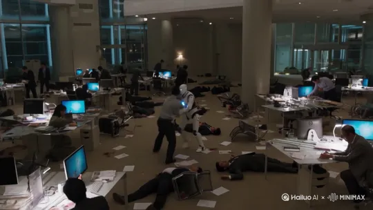 在深圳，非常高档的写字楼里，发生了程序员恶性袭击事件，整个办公室的20多名同事都受伤，最终依靠人形机器人出手，才制止了行凶的人。 by Hailuo AI Video Generator