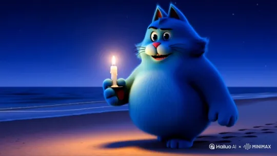 一只蓝一只蓝色的胖猫，手上拿着一支蜡烛，背后是沙滩，沙滩上慢慢的走，边走边说，我要对你实行火花的专属权，你要戴我送的项链，挂我的照片后面写，身上生生世世，爱我永不变。 by Hailuo AI Video Generator