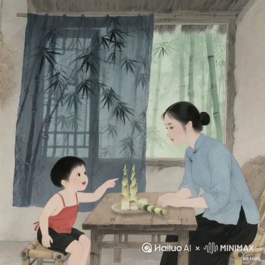 母子两在欢快温馨的交谈，微风出动纱窗和竹叶 by Hailuo AI Video Generator