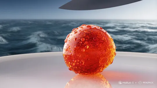 3D渲染，艺术大师作品，1个全部由红色通透琥珀材质制成的荔枝，质量清透，像透明玻璃制成的，细节丰富，外部布满水珠，荔枝造型琥珀放在一个白色透明反光的盘子里，一把不锈钢水果刀将荔枝造型琥珀一片片切开，特写镜头，突出荔枝造型琥珀和不锈钢水果刀，背景是翻涌的海浪，高质量，写实风格，透明创意和食物的艺术结合。[固定镜头] by Hailuo AI Video Generator