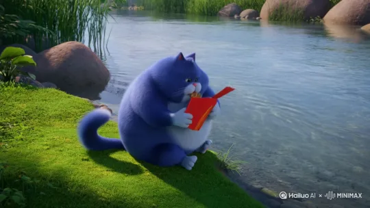 一只蓝色的胖猫在吃薯条，突然扔掉了薯条跳进了河里,吐出了一大堆血,把河染红了,薯条还爆炸了 by Hailuo AI Video Generator