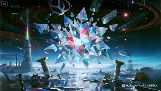 发光几何碎片汇聚向中心的水晶，碎片最终聚合成一个多棱角的水晶宇宙，随后缓慢上升，赛博巴别塔顶部的光喷涌而出，液态金属海的银浪波光粼粼，破碎的希腊柱、机械齿轮闪烁着变为芯片、代码、数据，故障艺术闪烁，科技感[下降,上摇] by Hailuo AI Video Generator