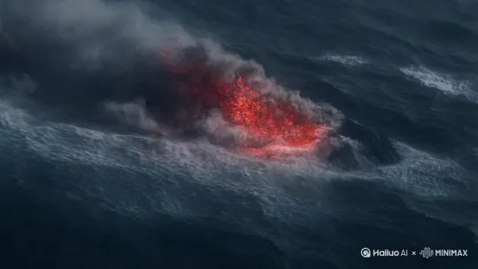 海底火山爆发 喷以炽热红色岩浆  大海波涛汹涌  [右移,左摇,跟随] by Hailuo AI Video Generator