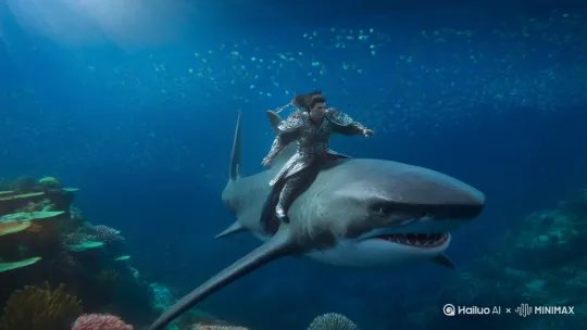 生成视频中国海王披战甲在在海里骑着鲨鱼奔腾 by Hailuo AI Video Generator