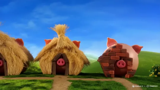 Create a short animated video that tells the classic story of the Three Little Pigs. Show the three pigs building their houses — one straw, one sticks, and one of bricks. A big bad wolf arrives and blows down the straw and stick houses, but fails to destroy the brick house. Include scene transitions for each event. by Hailuo AI Video Generator