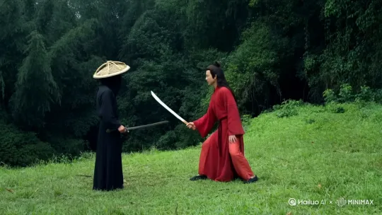 因为因为生产红色衣服手持长剑，对面是一位身穿黑色长袍，头戴斗笠，手持钢刀，在一片绿色的草丛两边是山林密集的地方两人在打斗 by Hailuo AI Video Generator
