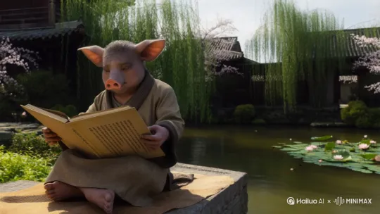 用猪八戒生成一段，读林薇因的文章[左移,推进,右摇] by Hailuo AI Video Generator