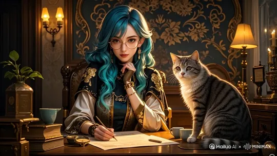 镜头固定，女子边说边在纸上写着东西，猫姿态自然的晃动着尾巴 by Hailuo AI Video Generator
