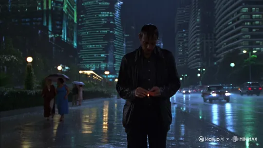 雨夜，孤独的男人走在雨中的大都市街道上，没有雨具，手里夹着快要熄灭的香烟，闪着微弱的光，周围是年轻的情侣结伴撑着伞从身边穿行而过，快车道上是疾驰而过的豪华轿车，街道两边是高大的摩登的灯火阑珊的大厦。 by Hailuo AI Video Generator